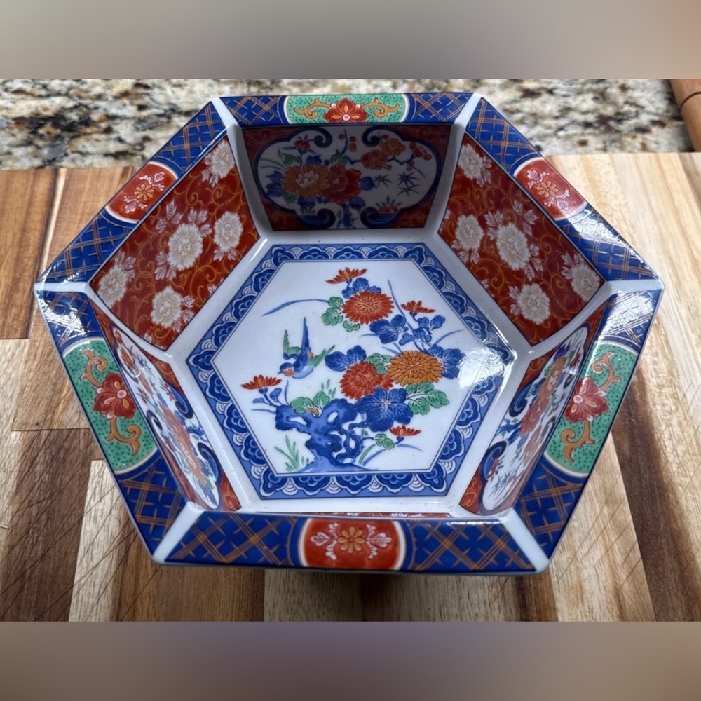Vtg Japanese Imari Hexagon Porcelain Bowl Antique